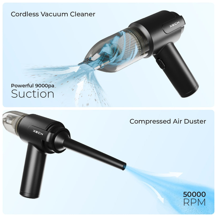Xech | 9000Pa Turbo Suction Cleaner | Cordless & Compact Design | Dual Function for Car, Home, office  & More